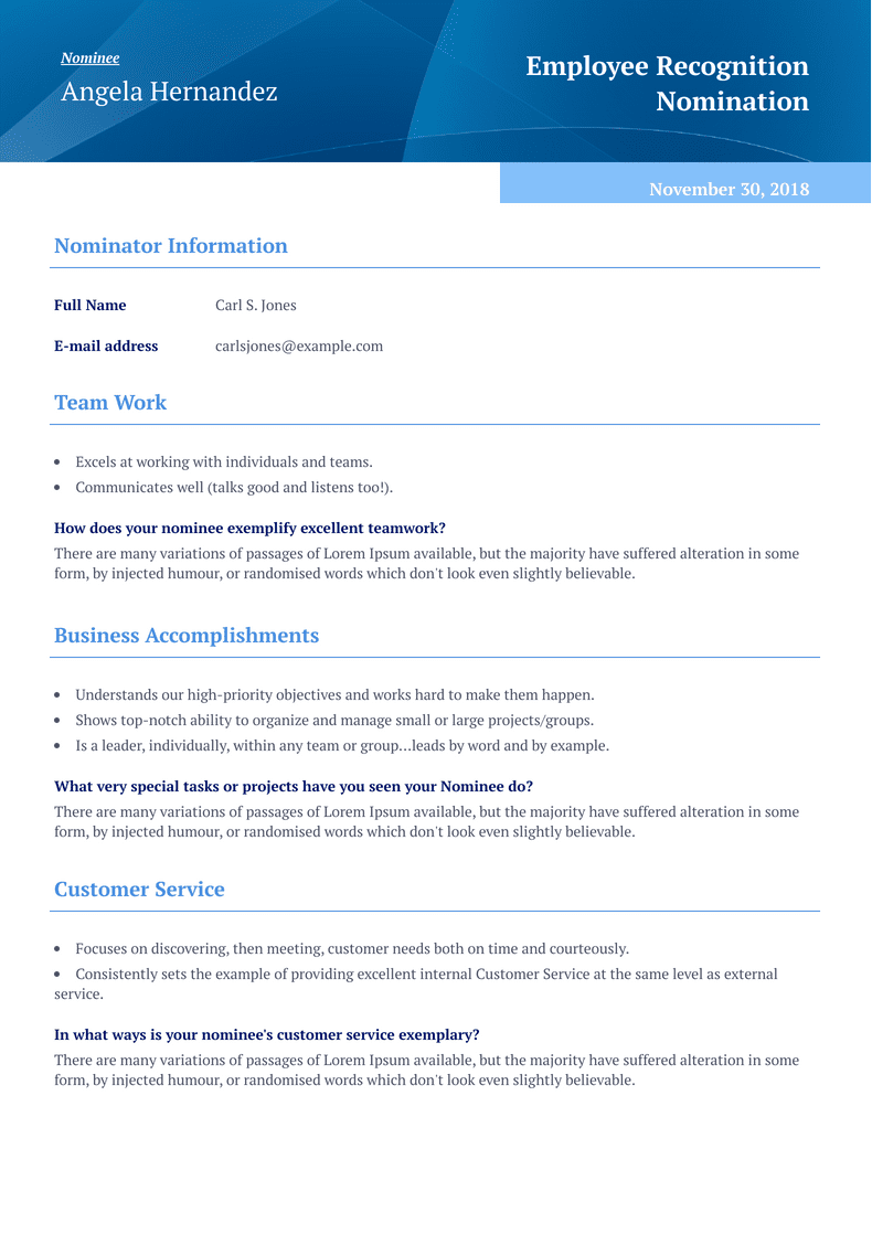 Employee Recognition Award Nomination Template