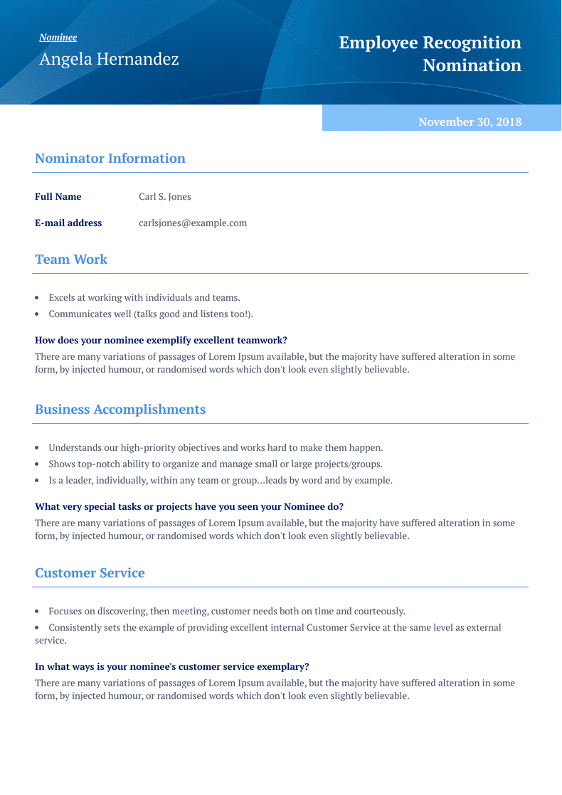 Employee Recognition Award Nomination Template