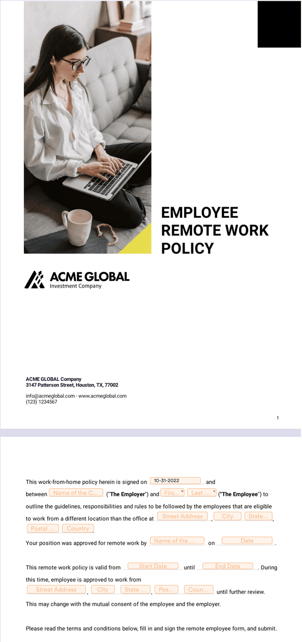 Sign Templates: Employee Remote Work Policy Template