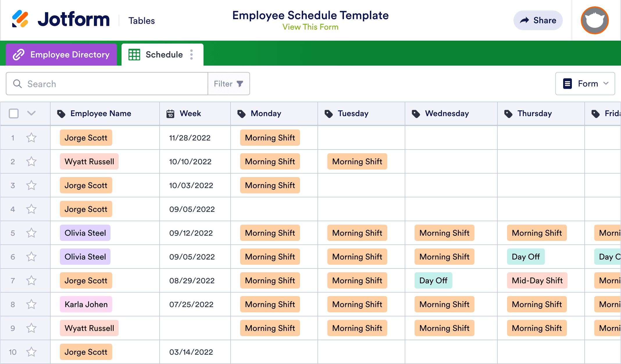 Employee Schedule Template Jotform Tables