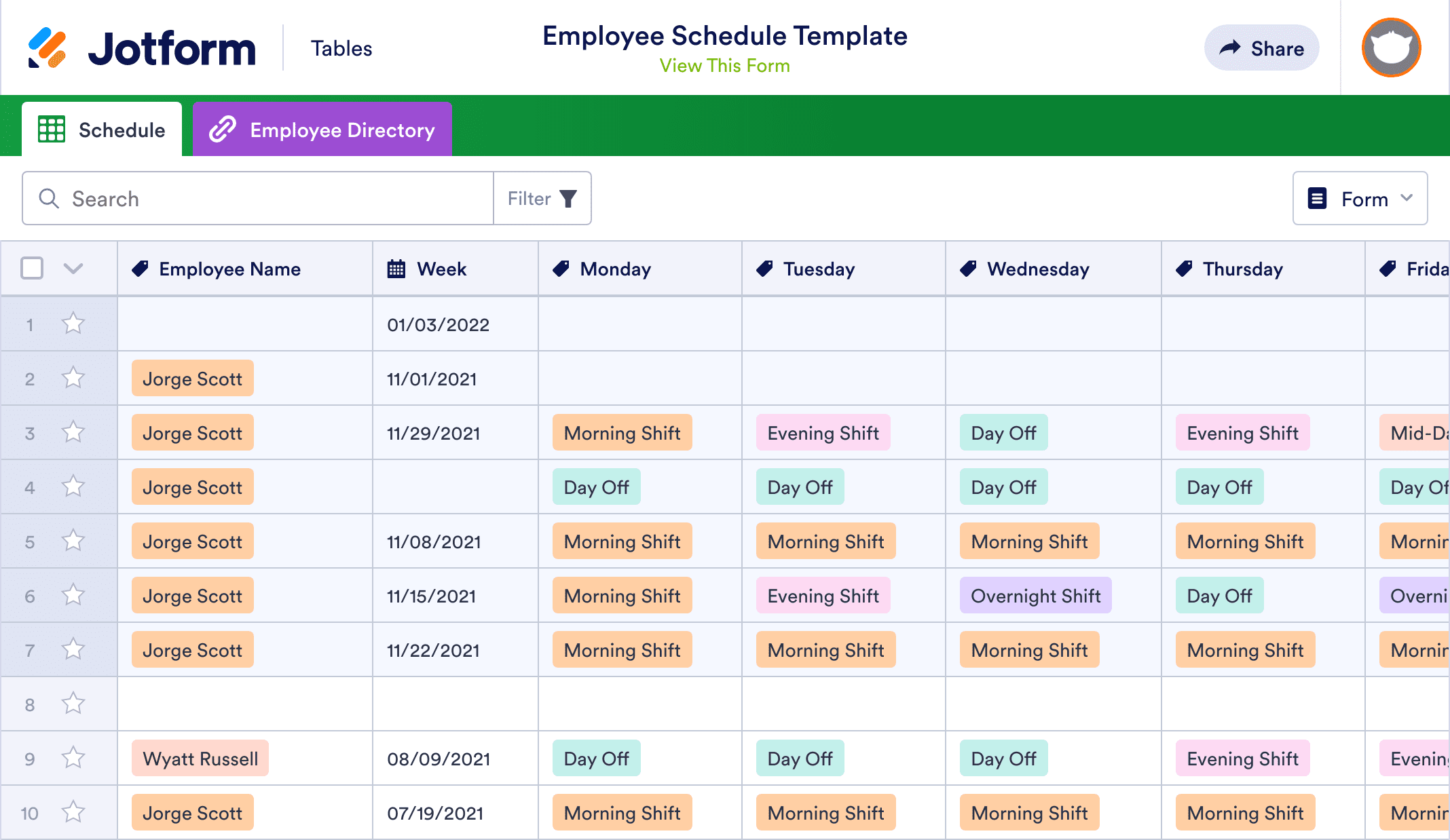 Employee Schedule Template | Jotform Tables