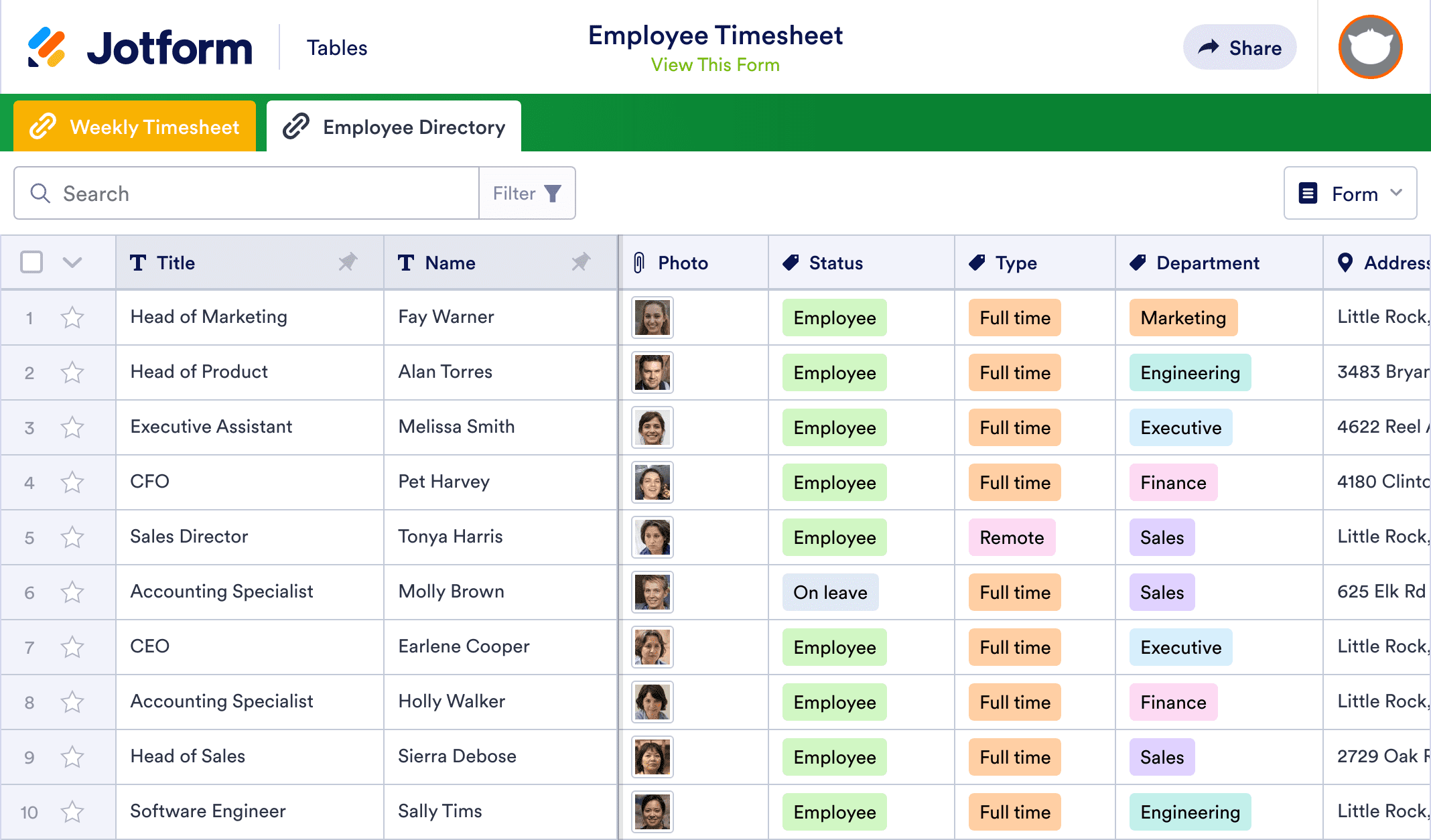 Employee Timesheet Template | Jotform Tables