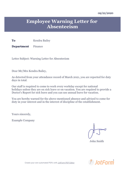 Employee Warning Letter Template for Absenteeism