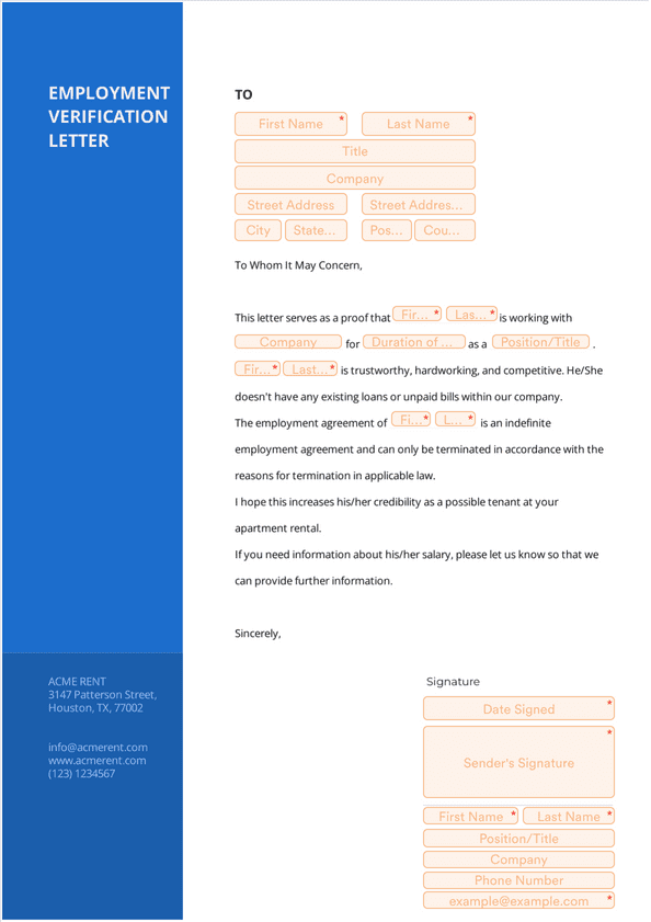 Employment Verification Letter for Apartment Rental - Sign Templates ...