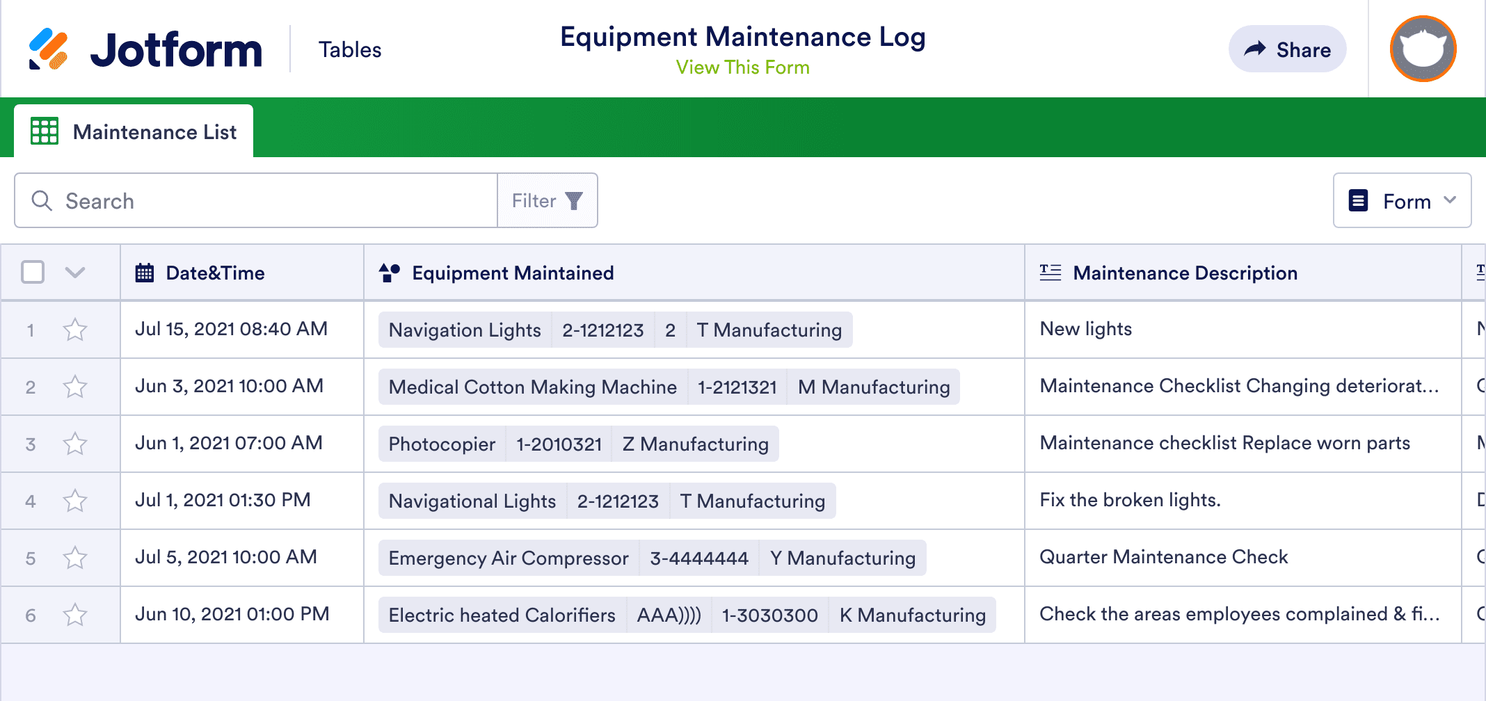 Equipment Maintenance Log 