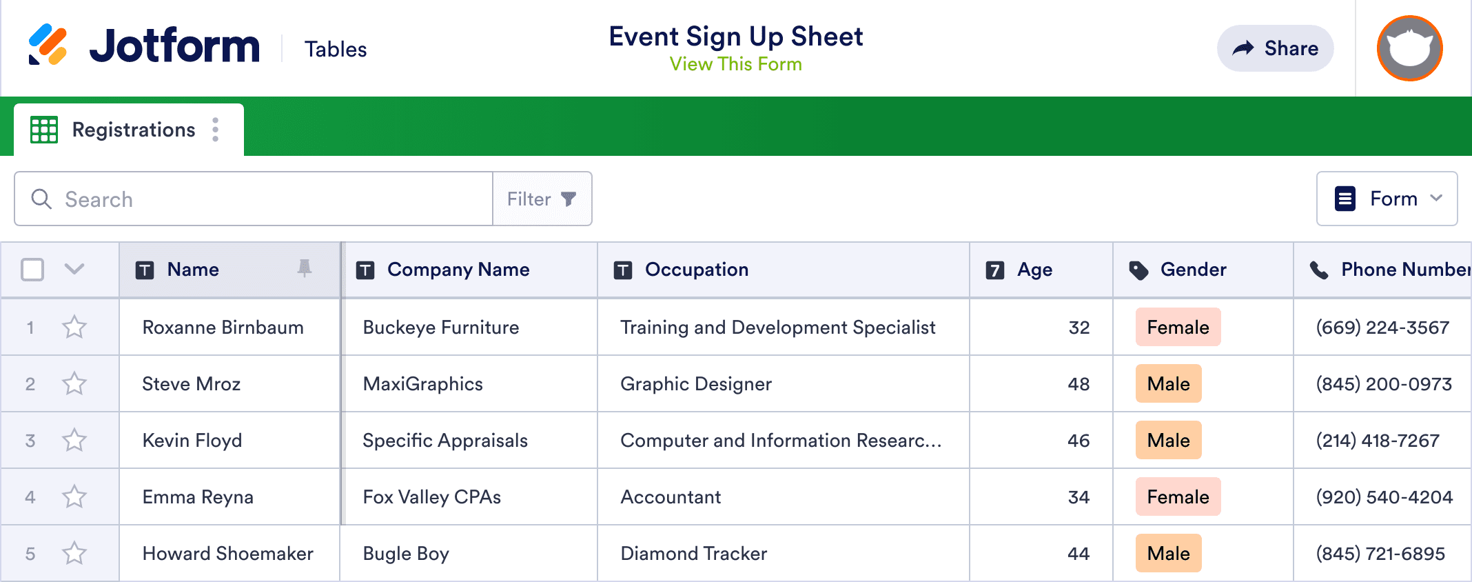 Event Sign Up Sheet Template | Jotform Tables