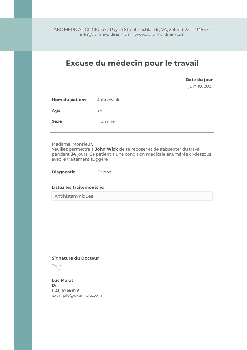 Excuse du médecin pour le travail Modèles de PDF Jotform
