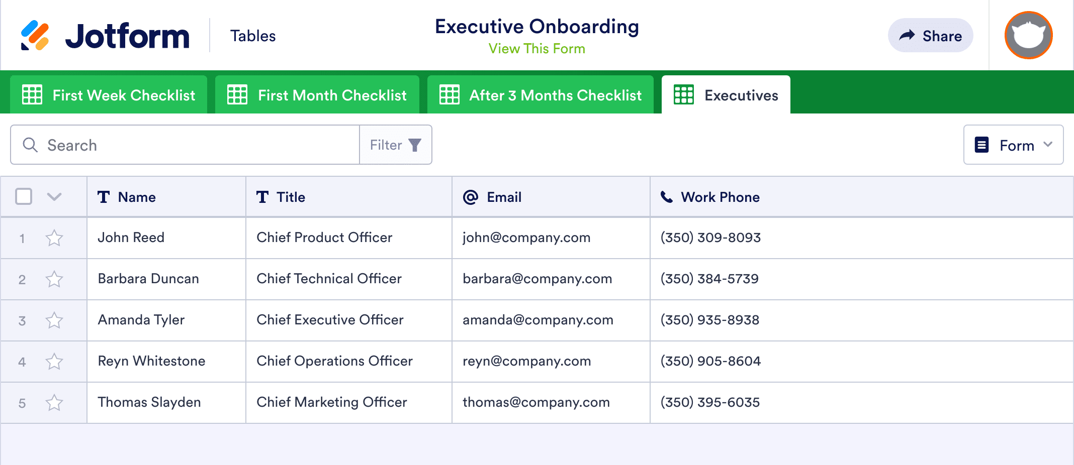 Executive Onboarding Template Jotform Tables Executive Onboarding Template Jotform Tables