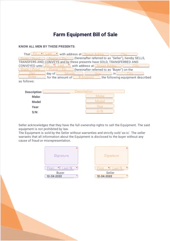 Farm Equipment Bill of Sale