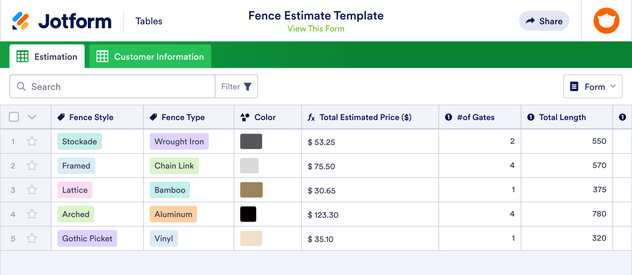 Fence Estimate Template | Jotform Tables