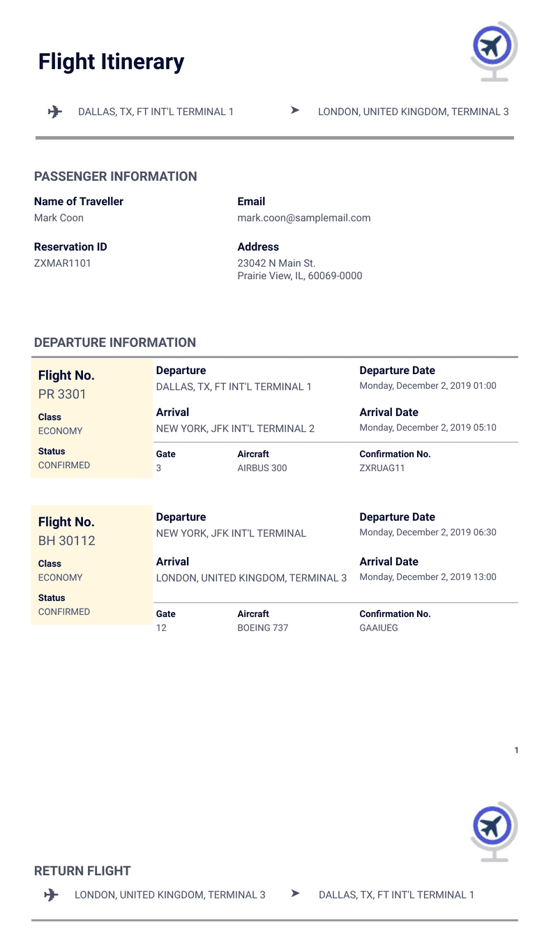 fake travel itinerary template