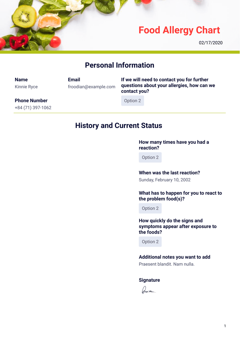 Food Allergy Chart - PDF Templates | Jotform