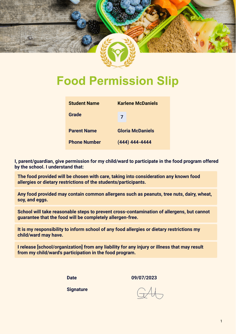 Food Permission Slip