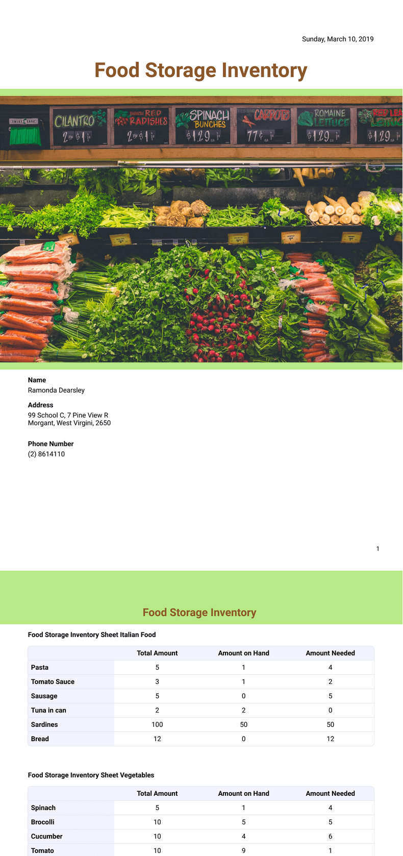 PDF Templates: Food Storage Inventory Template