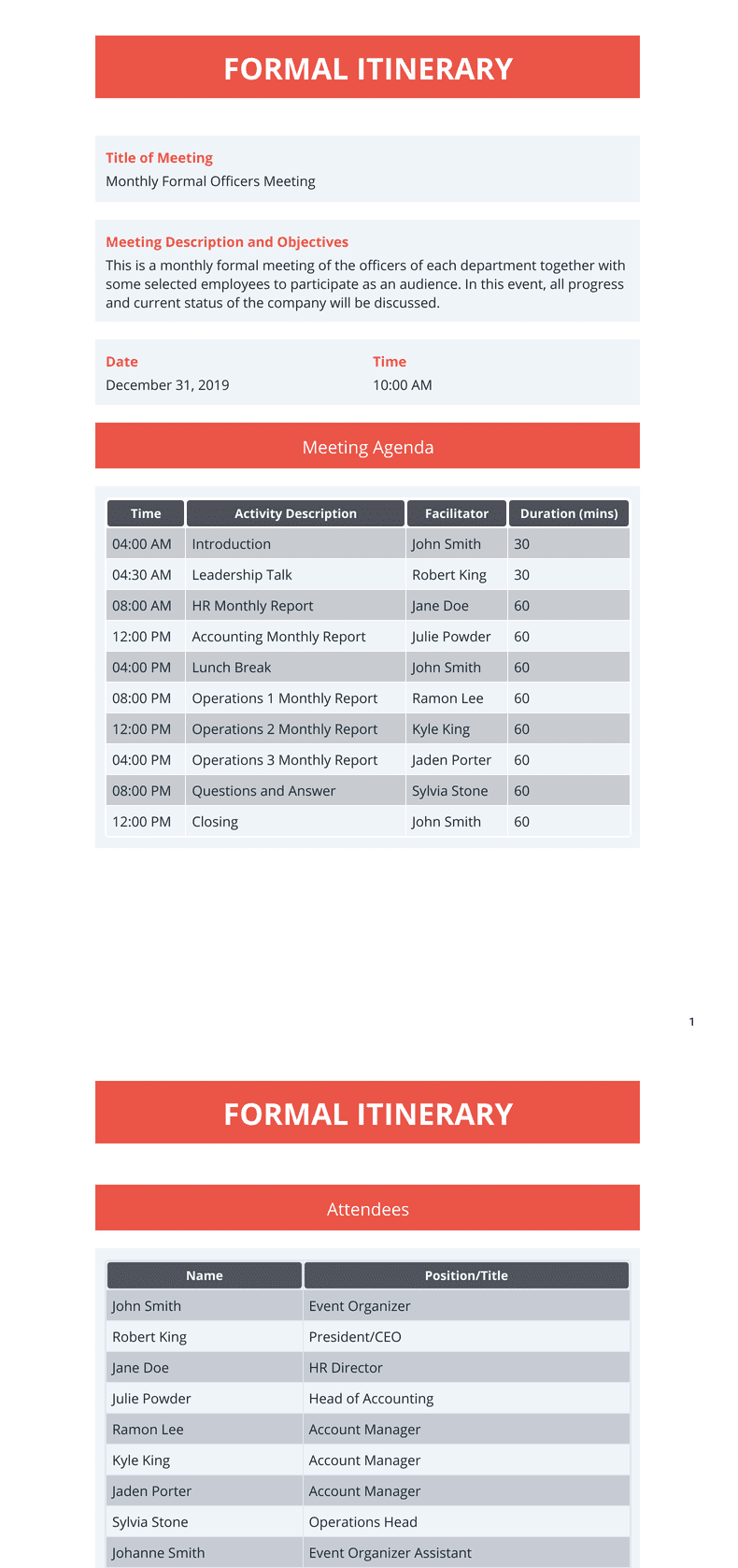 Formal Itinerary Template