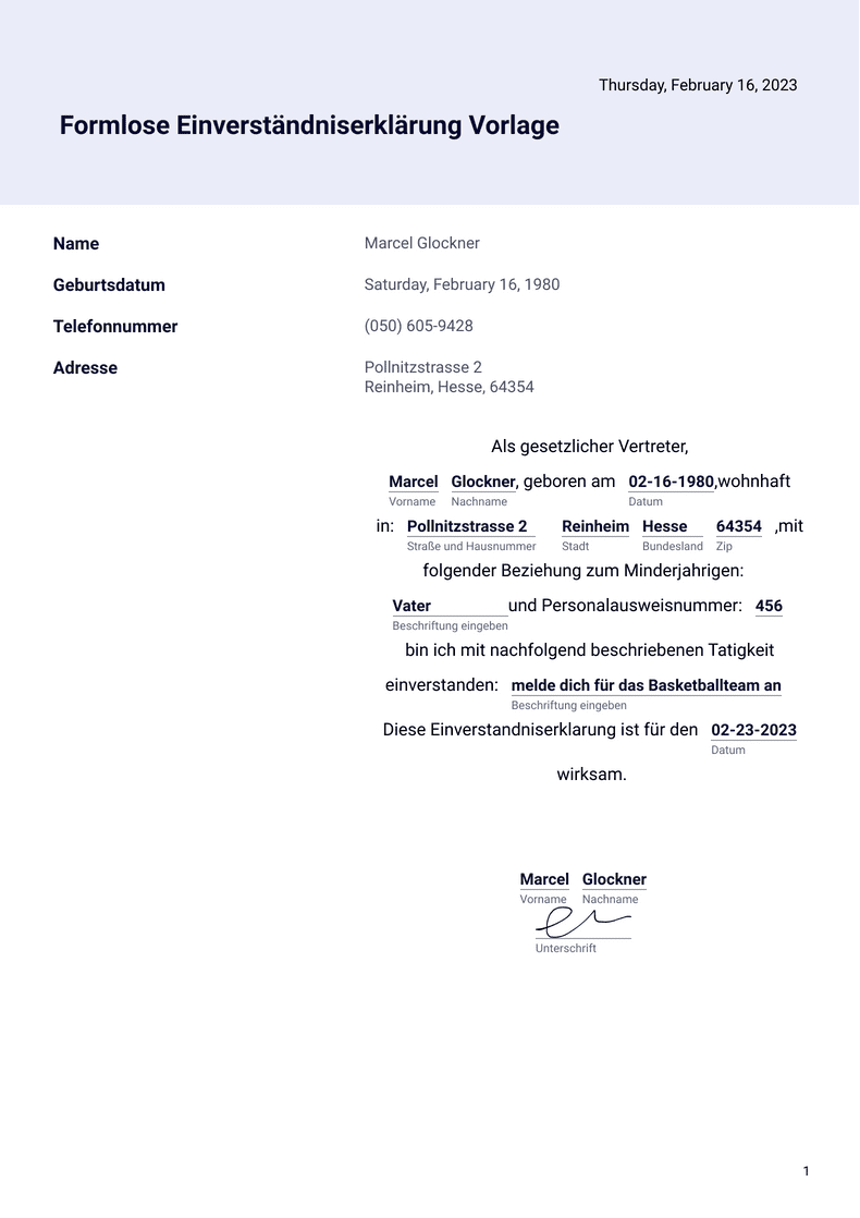 Einverständniserklärung Vorlage - PDF-Vorlagen | Jotform