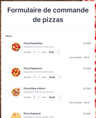 Formulaire de commande de pizzas