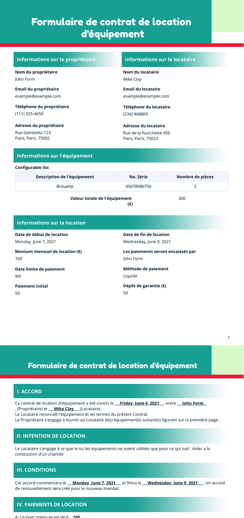 PDF Templates: Formulaire de contrat de location d'équipement