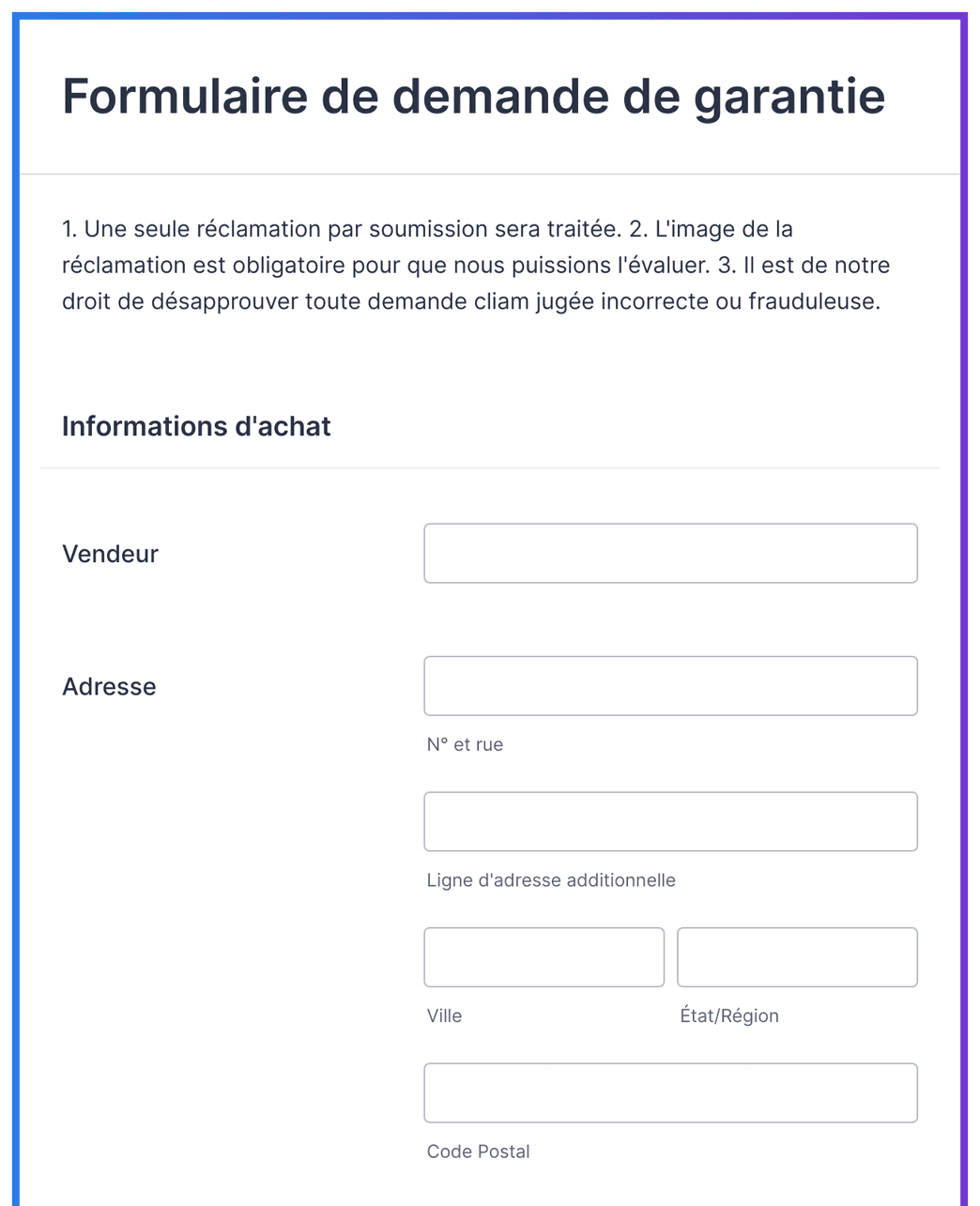 Formulaire de demande de garantie Modèle du formulaire Jotform