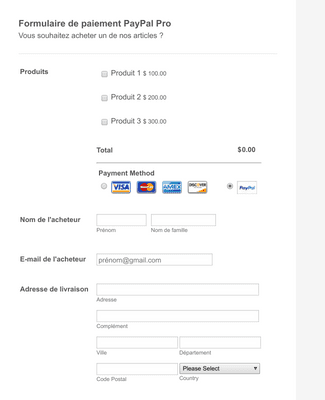 Formulaire de paiement PayPal Pro