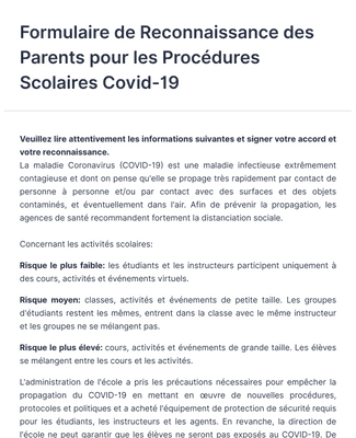 Formulaire de Reconnaissance des Parents pour les Procédures Scolaires Covid-19