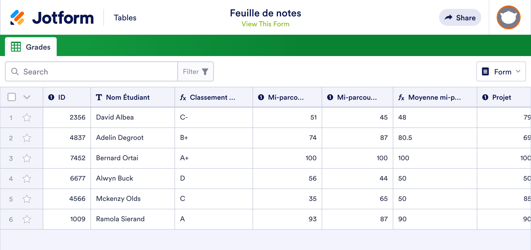 Formulaire d'entrée de note d'examen Modèle | Jotform Tables
