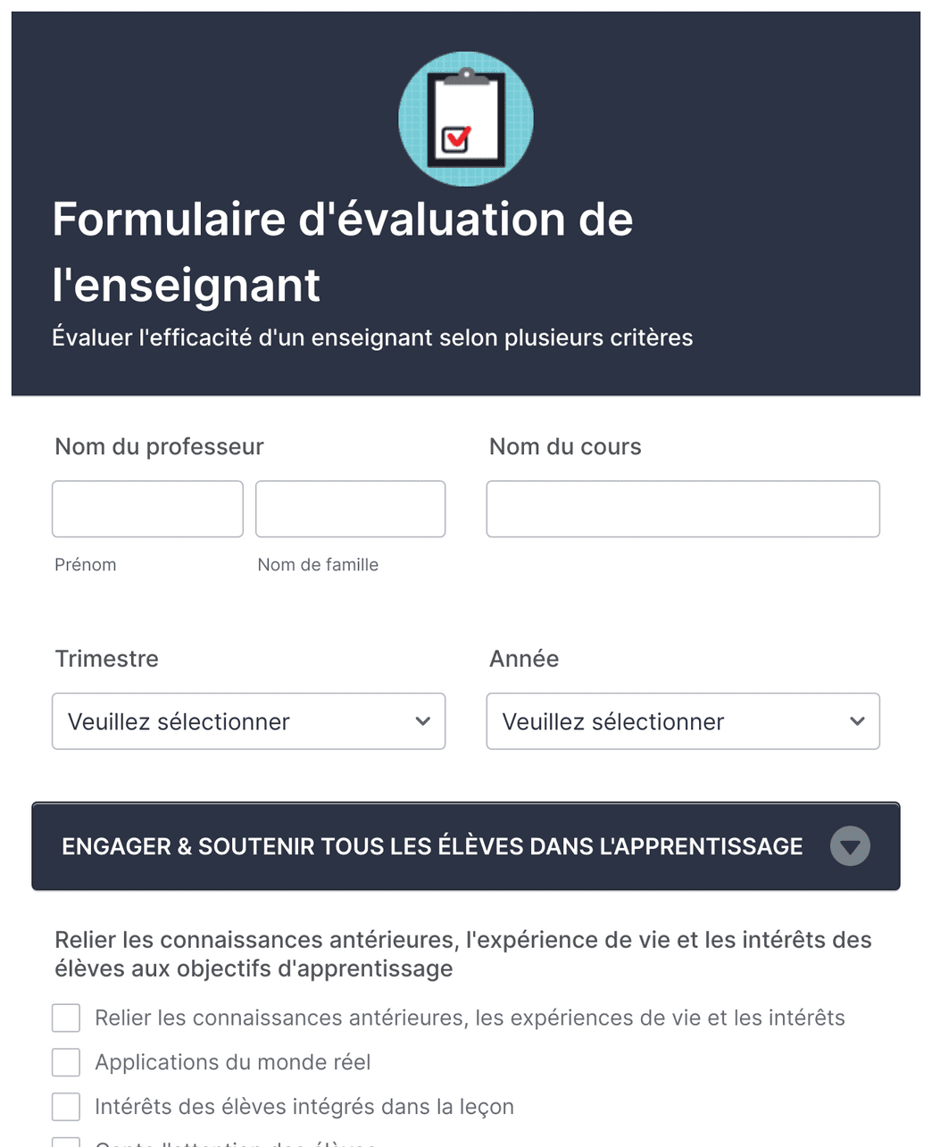 Formulaire d'évaluation de l'enseignant Modèle du formulaire | Jotform