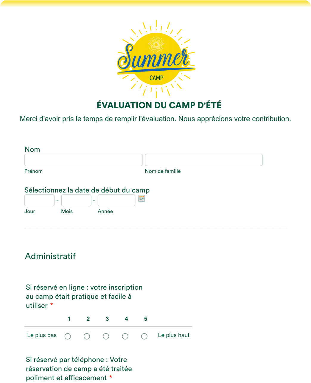 Formulaire d'évaluation du camp Modèle du formulaire Jotform