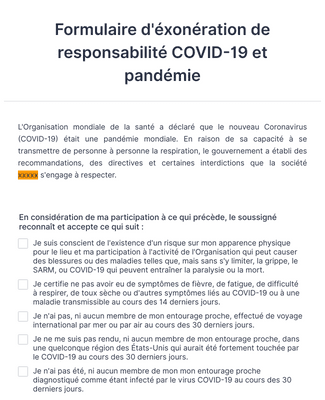 Formulaire d'éxonération de responsabilité COVID-19 et pandémie