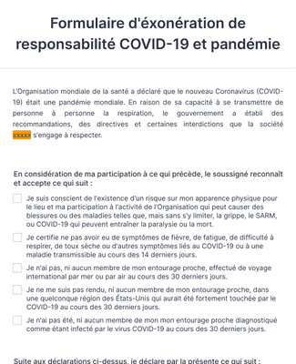 Form Templates: Formulaire d'éxonération de responsabilité COVID 19 et pandémie