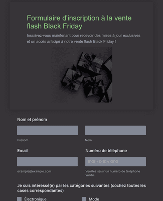 Formulaire d'inscription à la vente flash Black Friday Modèle du formulaire