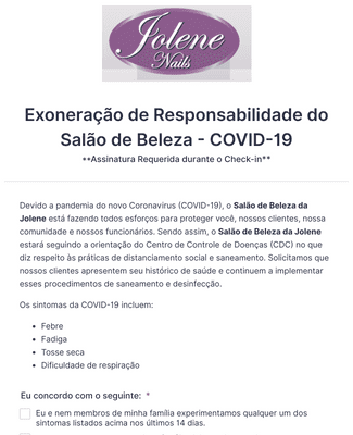 Form Templates: Formulário de Exoneração de Responsabilidade do Salão de Beleza durante a COVID 19