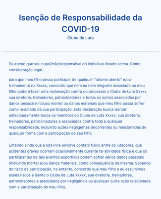 Formulário de Isenção de Responsabilidade durante a COVID-19 para Clubes de Luta