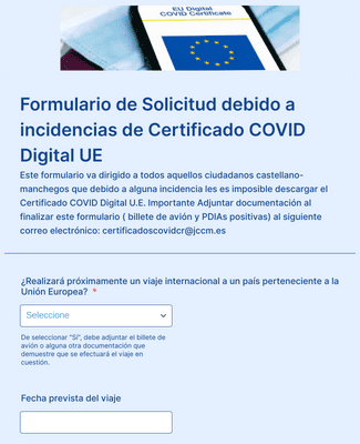 Formulario de Solicitud debido a incidencias de Certificado COVID Digital UE