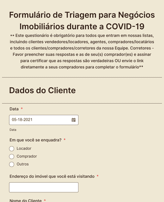 Formulário de Triagem para Negócios Imobiliários durante a COVID-19