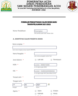 Form Templates: FORMULIR PPDB 2021 SMKN PENERBANGAN ACEH