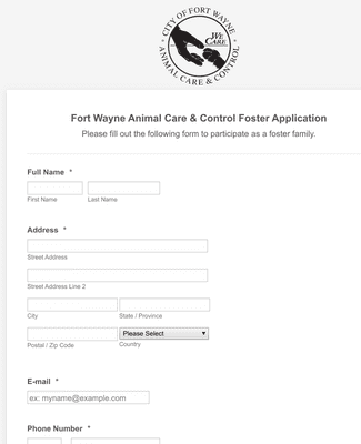 Fort Wayne Animal Care Control Foster Application Form Template Jotform