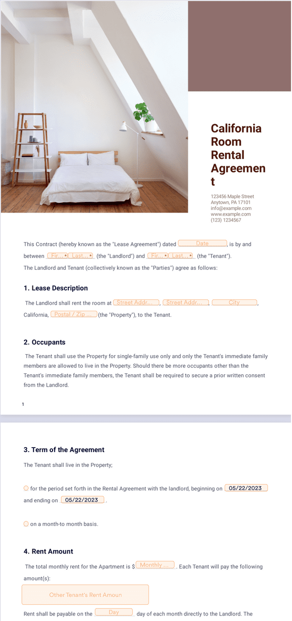 PDF Templates: Free California Room Rental Agreement Template