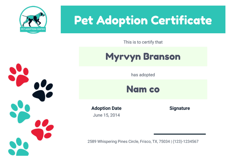 Free Pet Adoption Certificate
