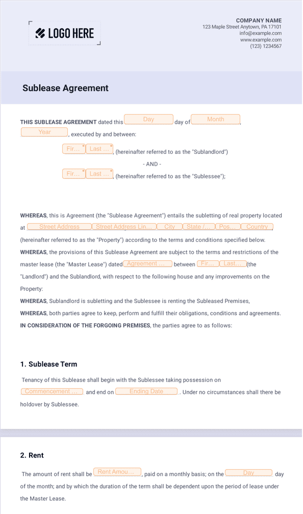 Free Sublease Agreement Template - Sign Templates | Jotform
