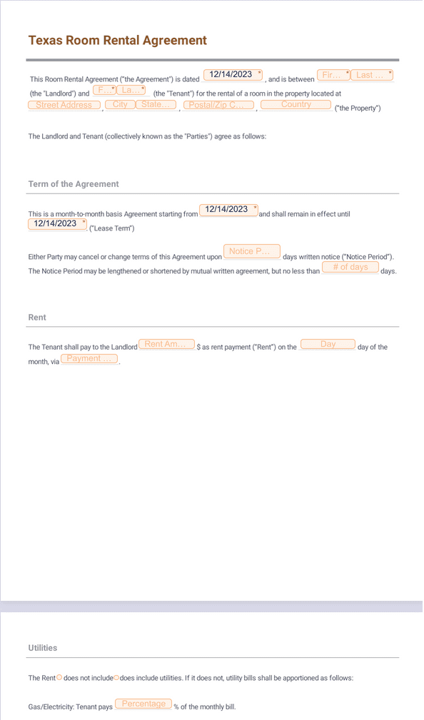 Free Texas Room Rental Agreement Template - Sign Templates | Jotform