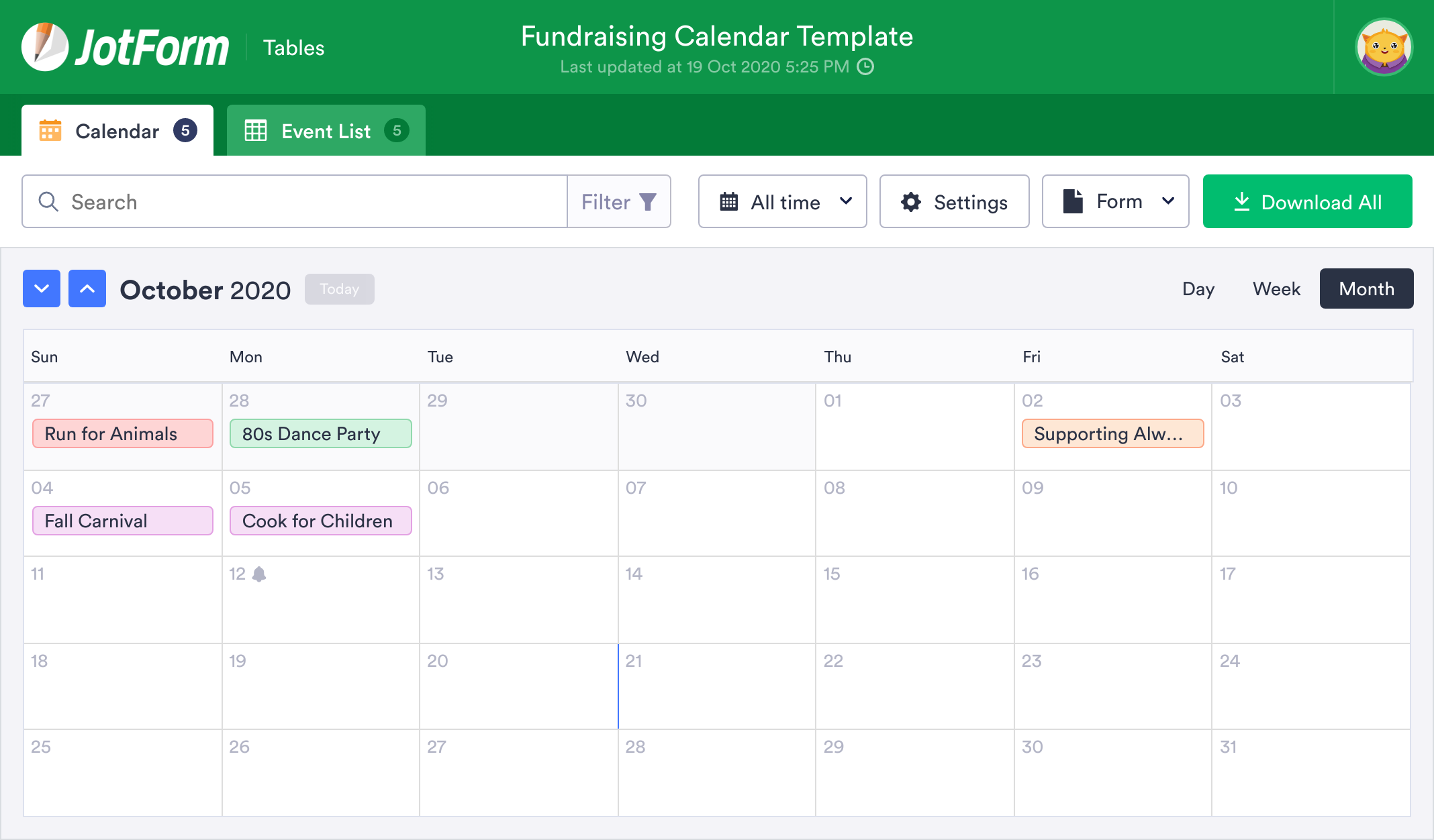 Fundraising Calendar Template JotForm Tables
