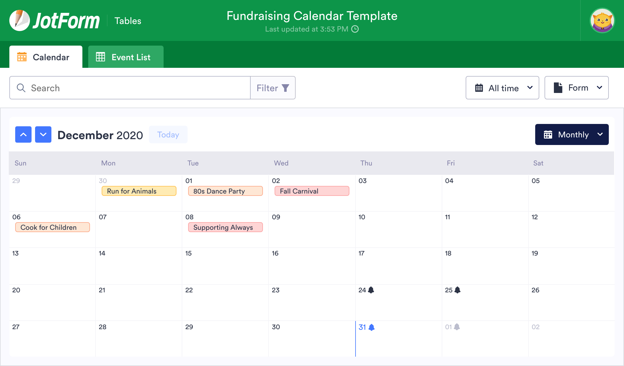 Fundraising Calendar Template JotForm Tables
