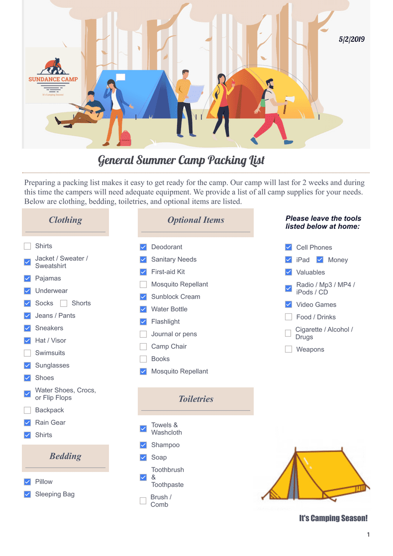 PDF Templates: General Summer Camp Packing List Template