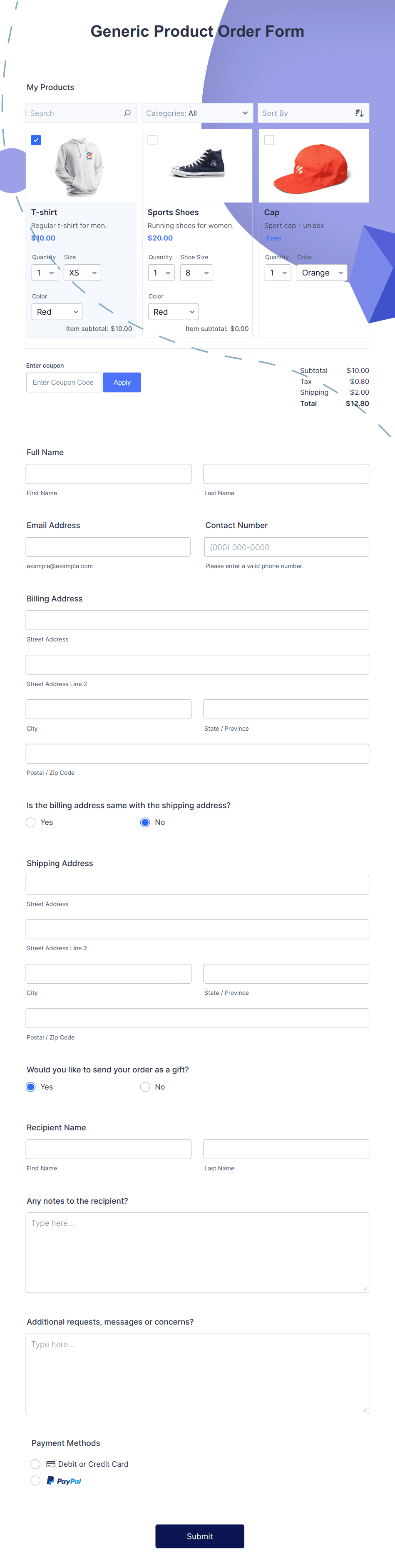 Template generic-product-order-form