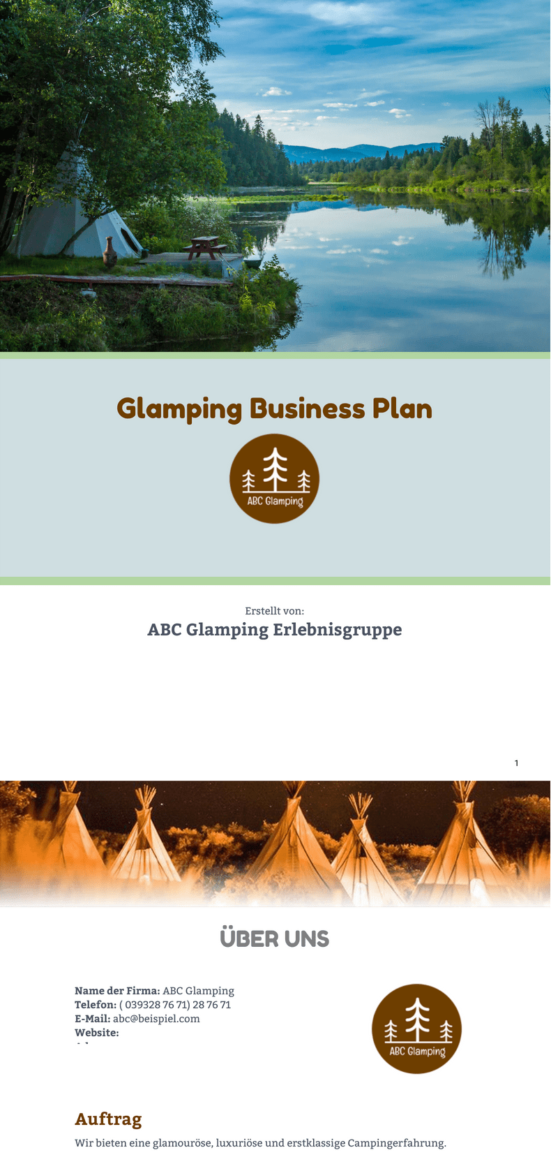 PDF Templates: Glamping Business Plan Vorlage