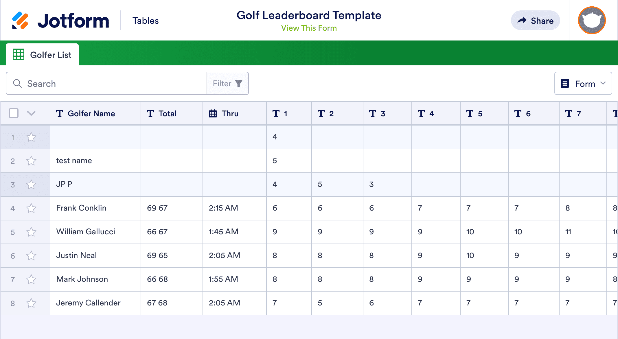 Golf Leaderboard Template Jotform Tables