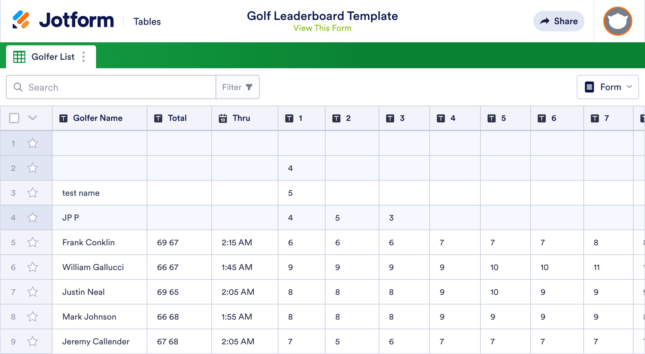 Golf Tournament Manager and Tracker » The Spreadsheet Page