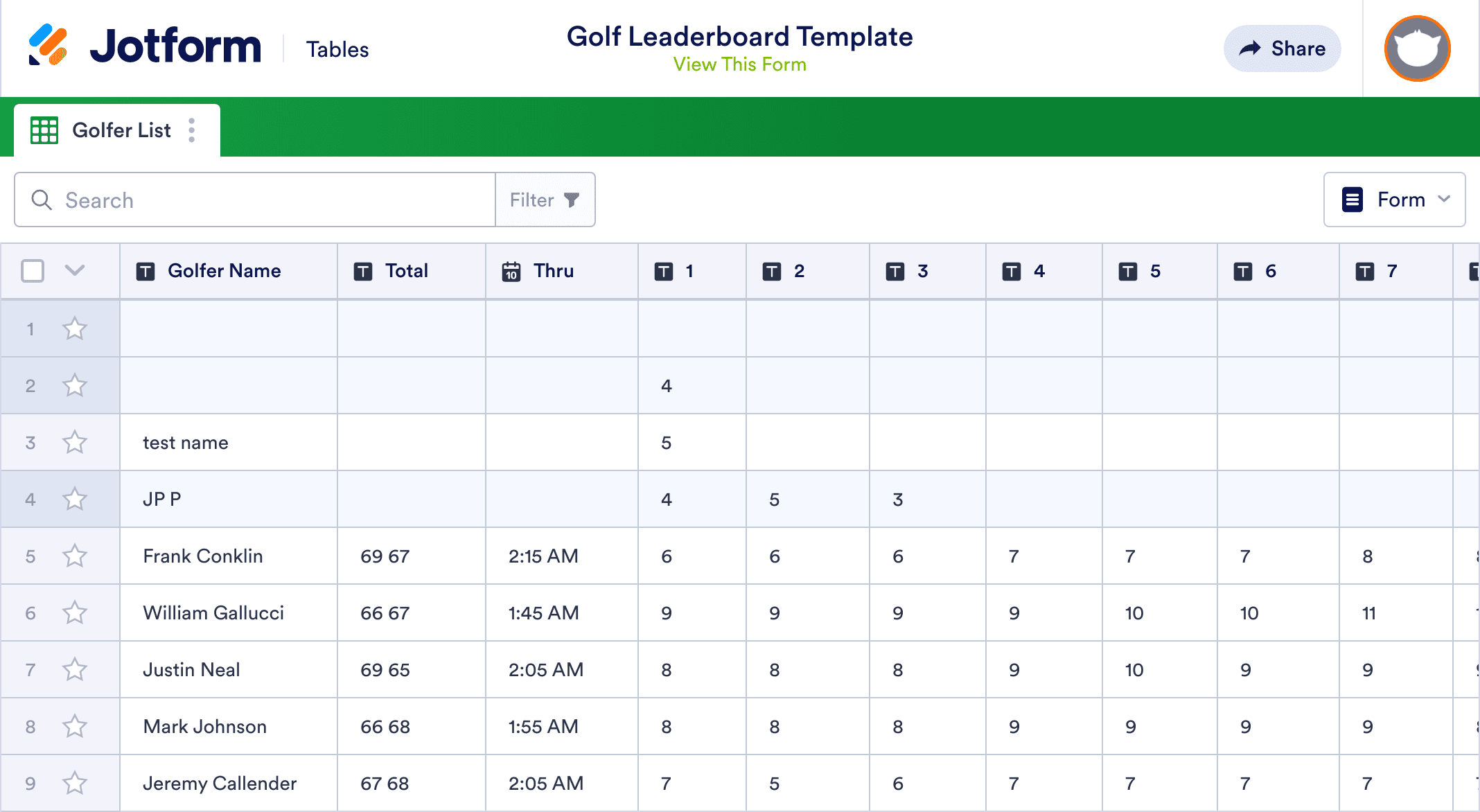 tournament template excel