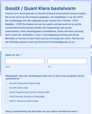 GoodX / Quant Korporatiewe Klere bestel vorm Form Template | Jotform